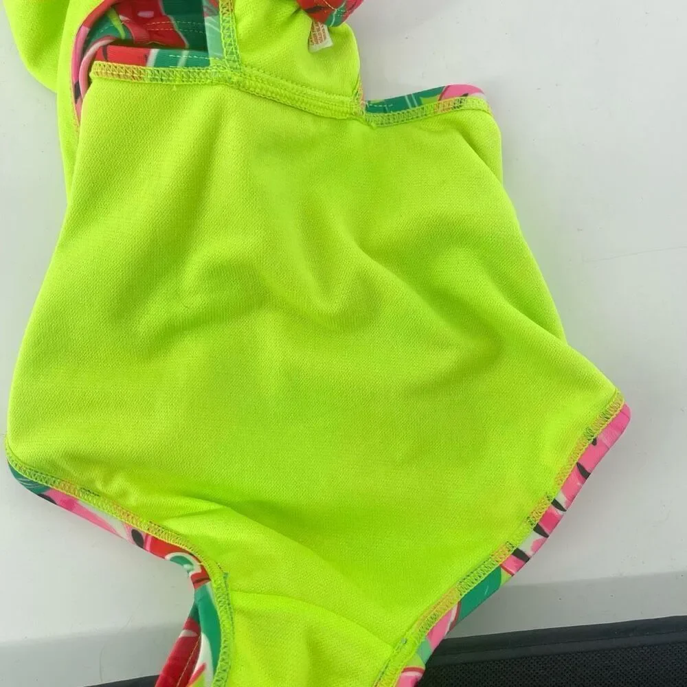 Cat & Jack Girls Pink Sweet Strawberry Print Ruffle Strap Cutout Swimsuit XS 4/5